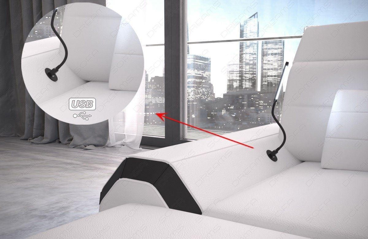 Detailbild der optional erhältlichen USB-Anschlusses beim XXL U Form Stoffsofa Roma Mini mit LED