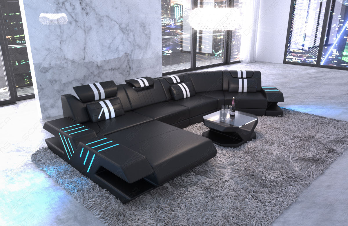 Designer Sofa Venedig C Form mit Recamiere und LED Beleuchtung in schwarz - weiss