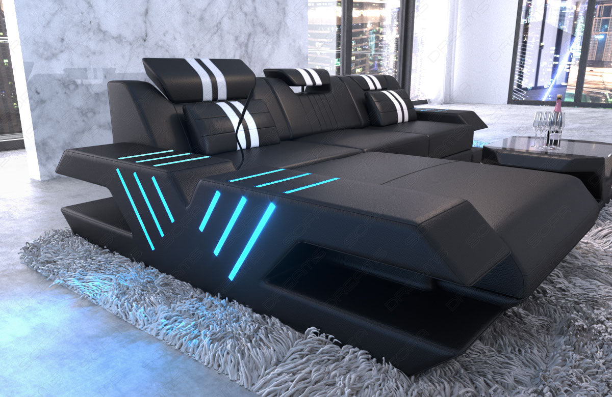 Design Sofa Venedig Leder modern in L Form in schwarz - weiß