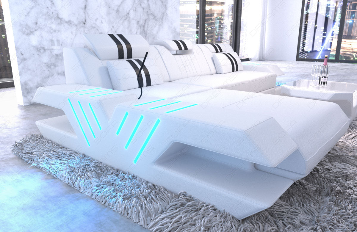 Design Sofa Venedig Leder modern in L Form in weiss - schwarz