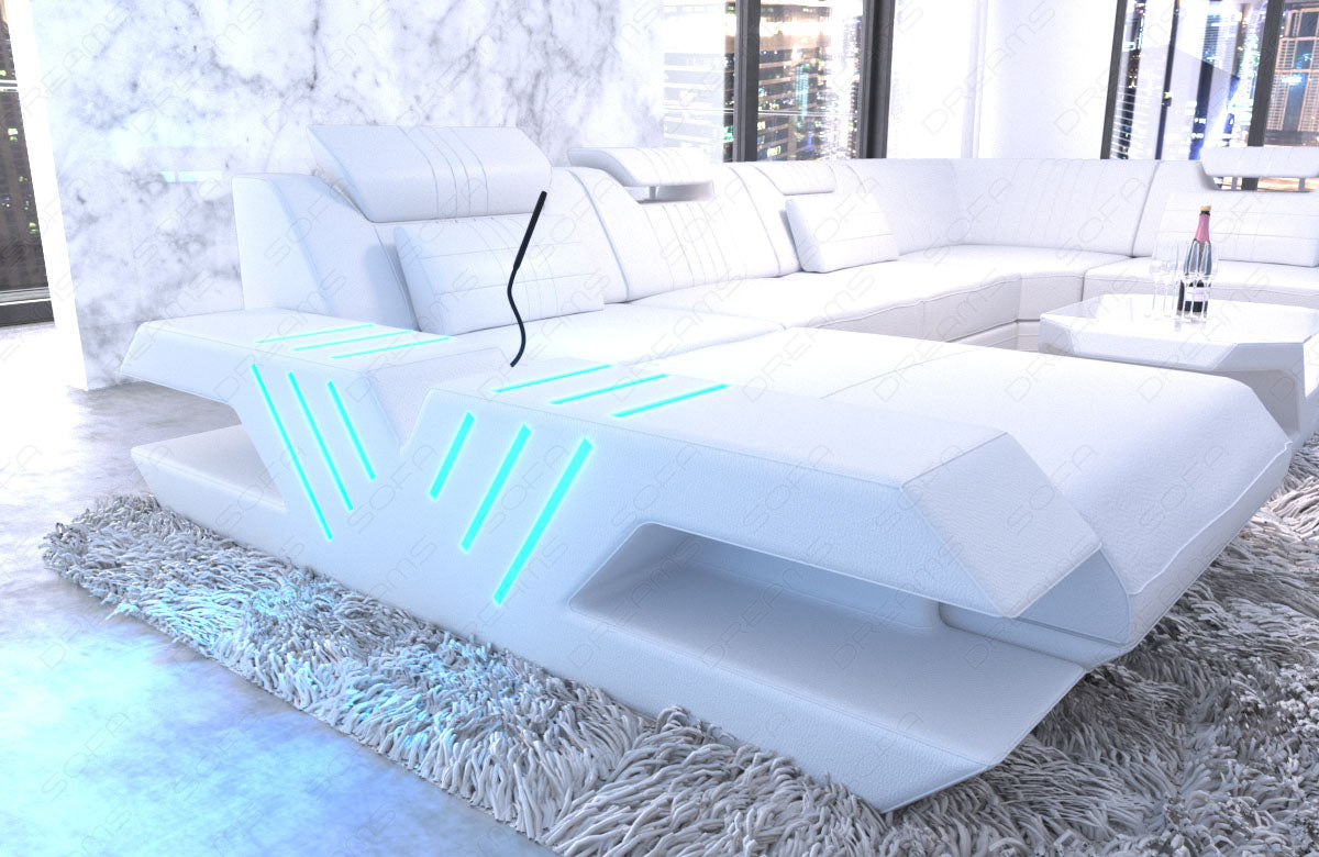 Ledersofa Wohnlandschaft Venedig XXL mit Ottomane Leder weiss