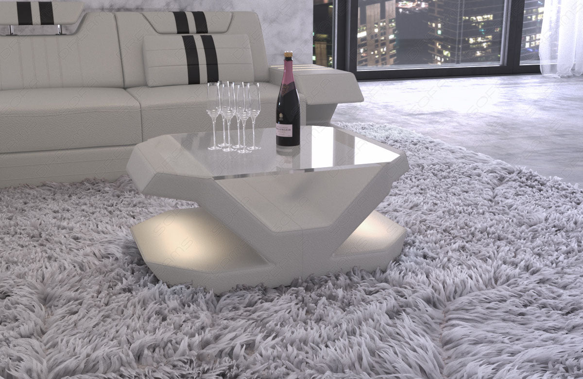Leder Couchtisch Venedig mit LED Beleuchtung und Glasplatte - beige