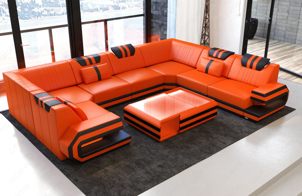 Luxus Wohnlandschaft Ragusa Leder Eckcouch mit LED in orange-schwarz