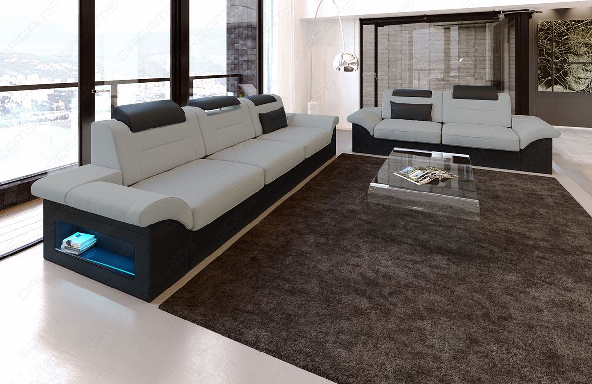 Stoff Couchgarnitur Monza in hellgrau - Mineva12 - Die LED Beleuchtung, USB Anschluss und Relaxfunktion sind optional erhältlich.