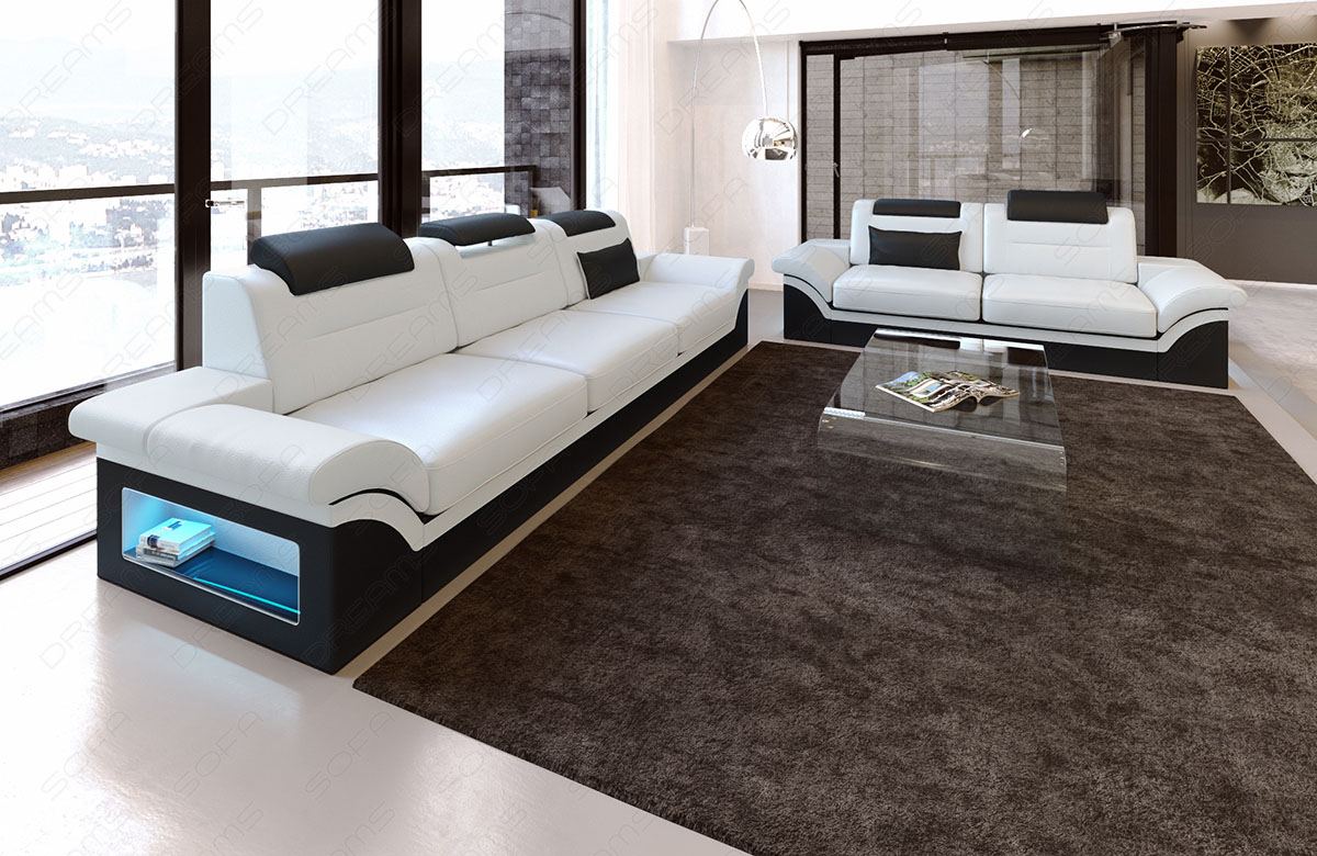 Leder Sofagarnitur Monza 3er und 2er in weiß-schwarz - Die LED Beleuchtung, USB Anschluss und Relaxfunktion sind optional erhältlich.