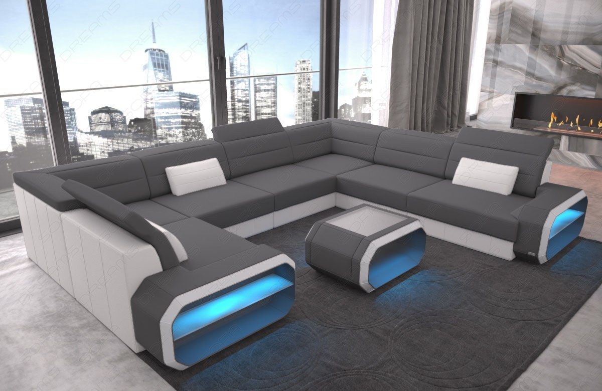 Stoffsofa Verona U Form mit LED-Beleuchtung in grau - Mineva15 Mikrofaser Stoff