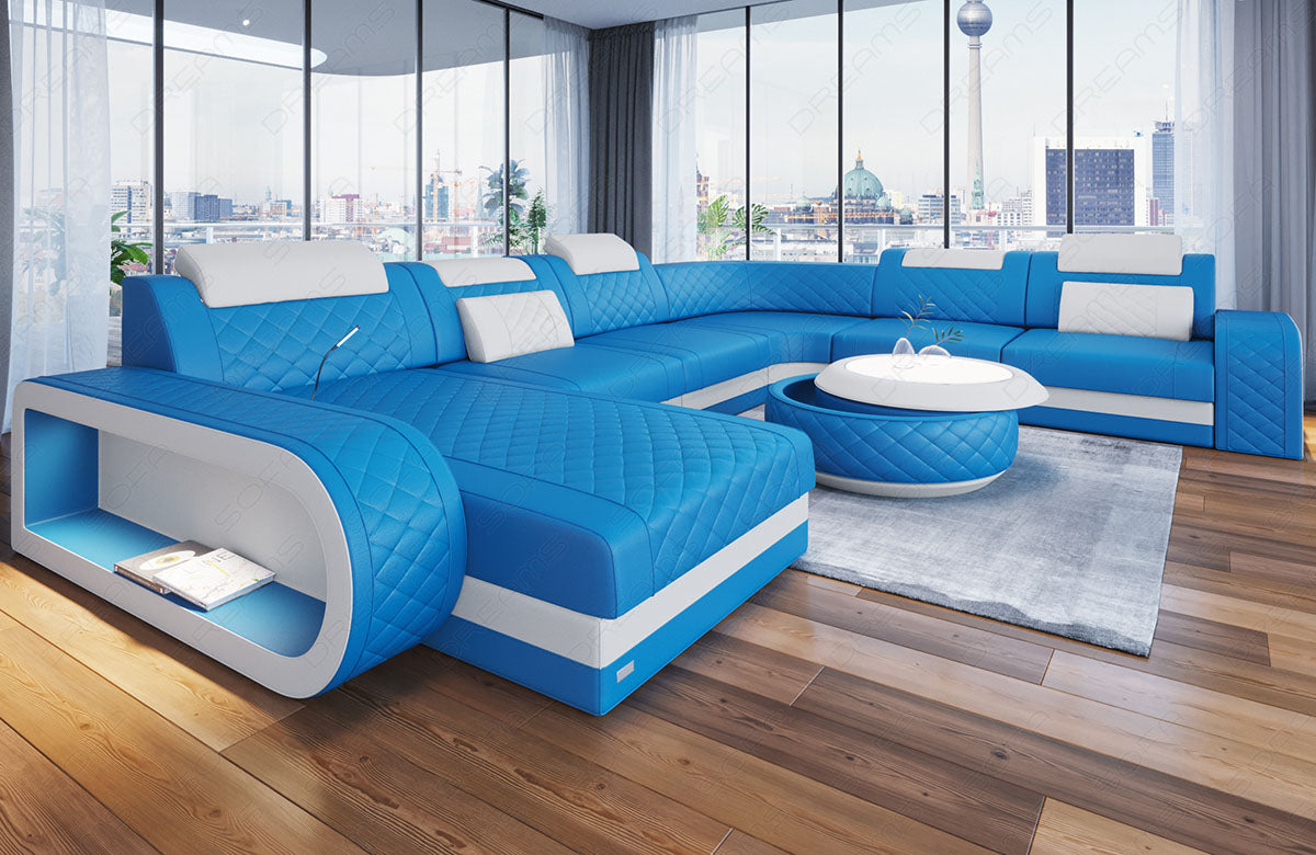 Mini U Form Ledersofa Berlin XXL mit schmalen Sitzflächen in Farbe blau - weiss