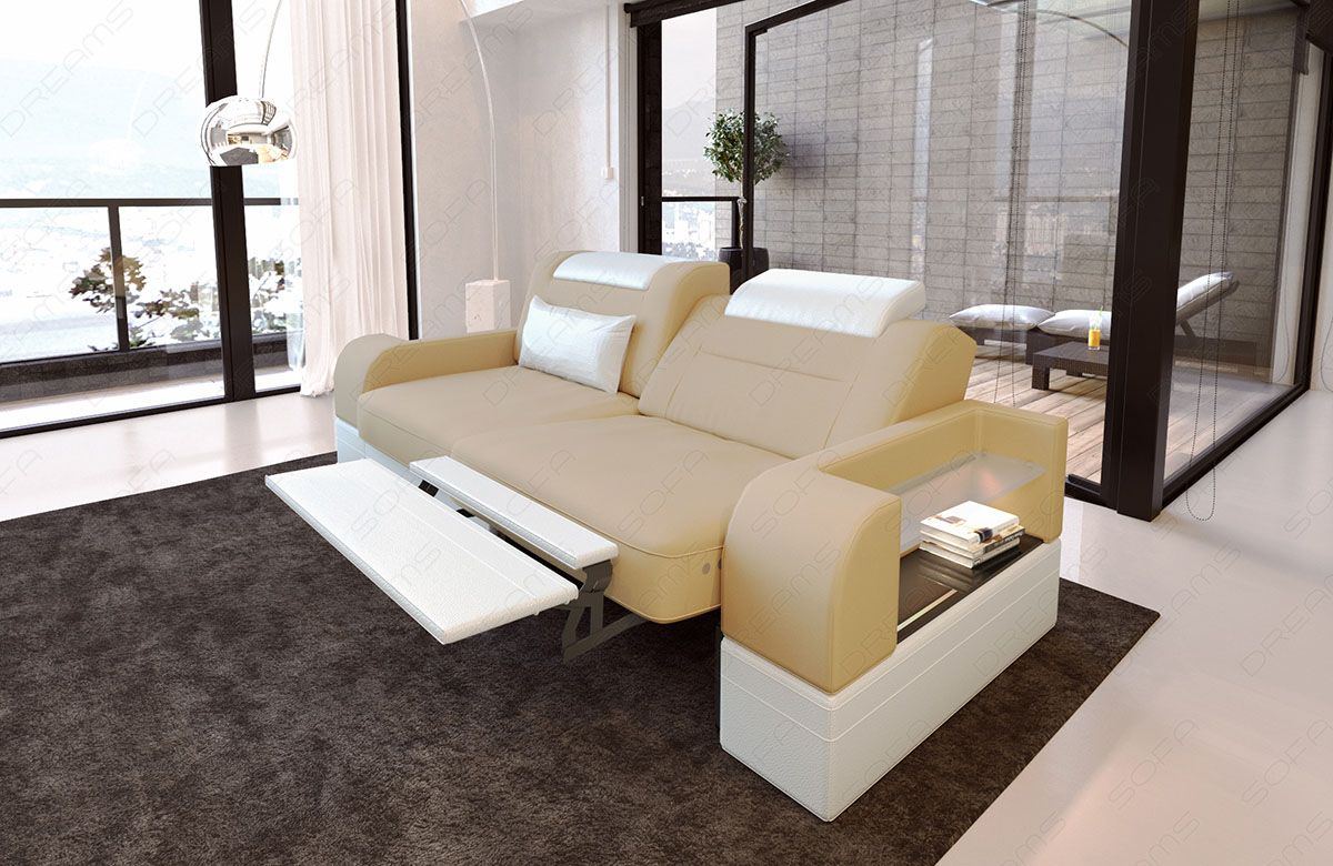 Polster Sofa Parma Zweisitzer in beige - Mineva4 - Die LED Beleuchtung, USB Anschluss und Relaxfunktion sind optional erhältlich.
