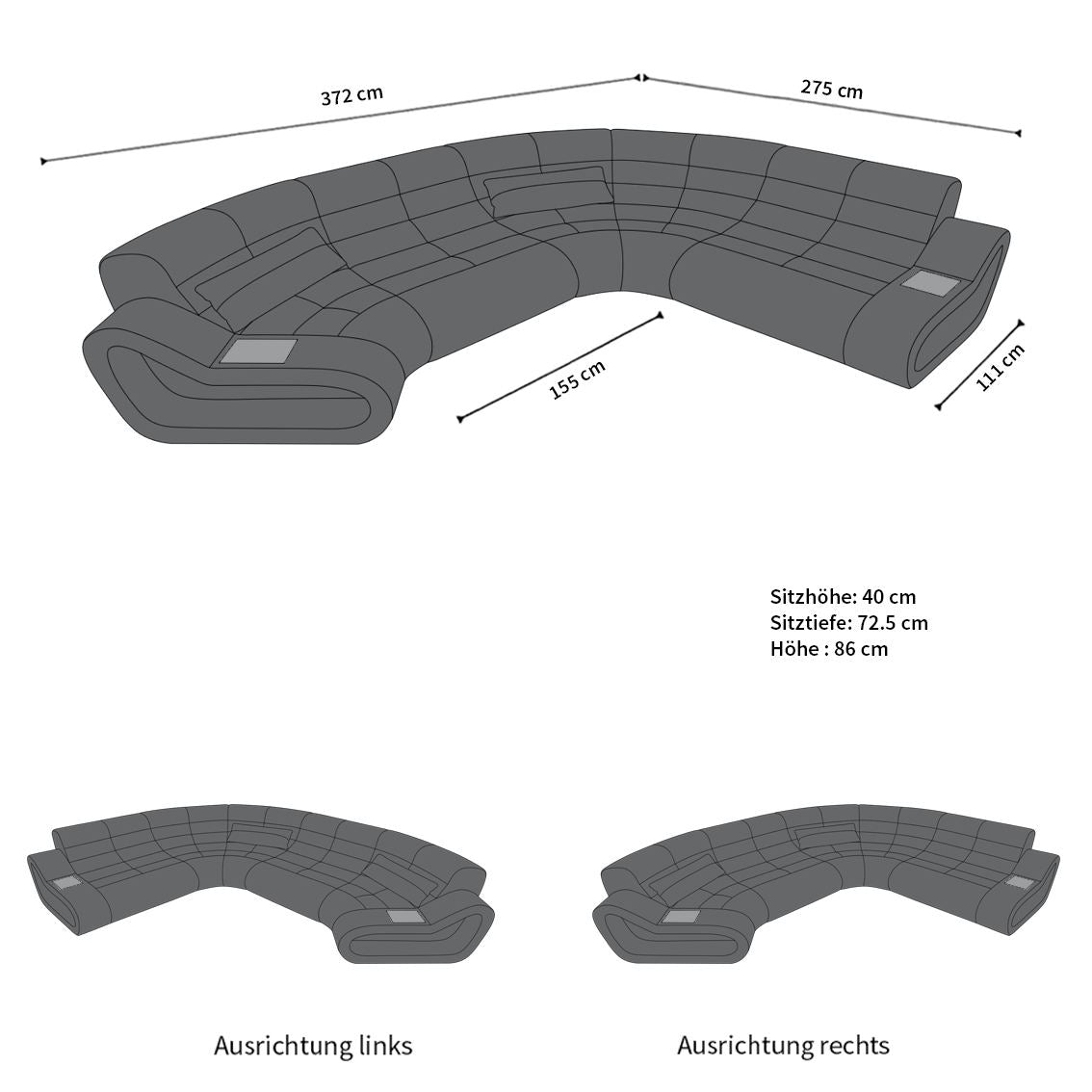Abmessungen für die Wohnlandschaft Concept C Form