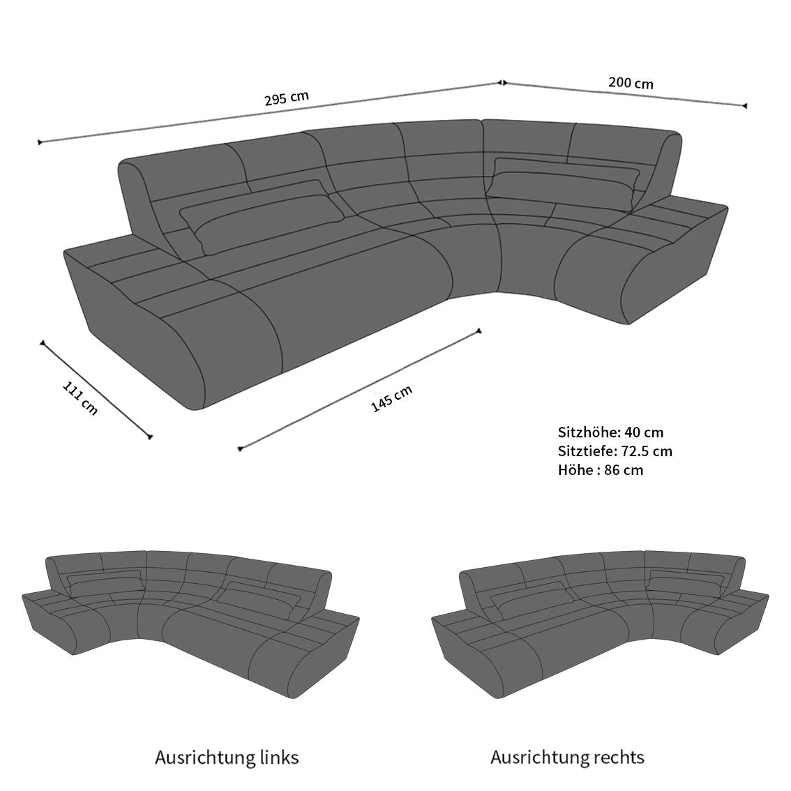 Abmessungen für das Ledersofa Concept Mini L Form