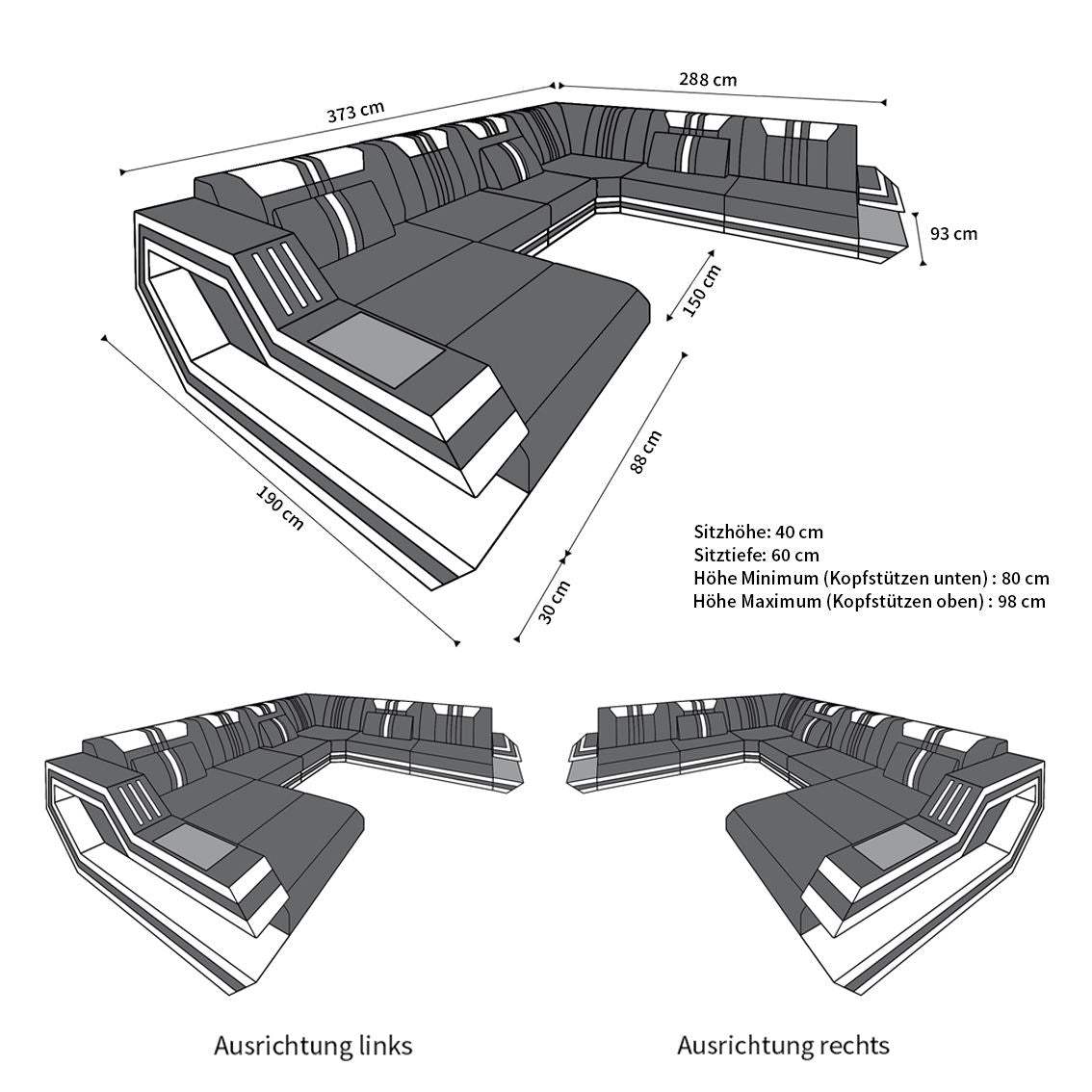 Maßeskizze Ledersofa Ravenna XXL