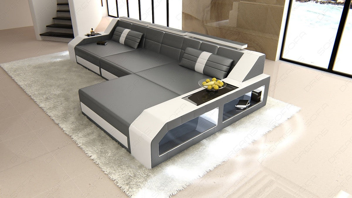 Leder Ecksofa Arezzo L Form in grau-weiß
