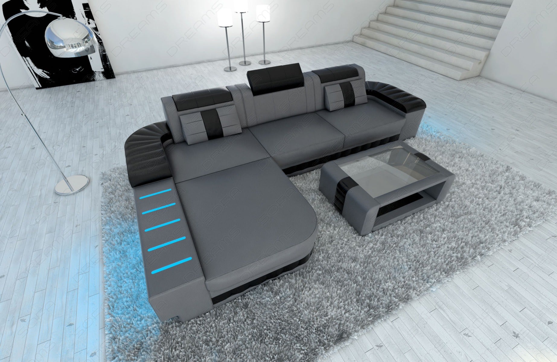 Designer Ledersofa Bellagio L Form in grau-schwarz mit Beleuchtung