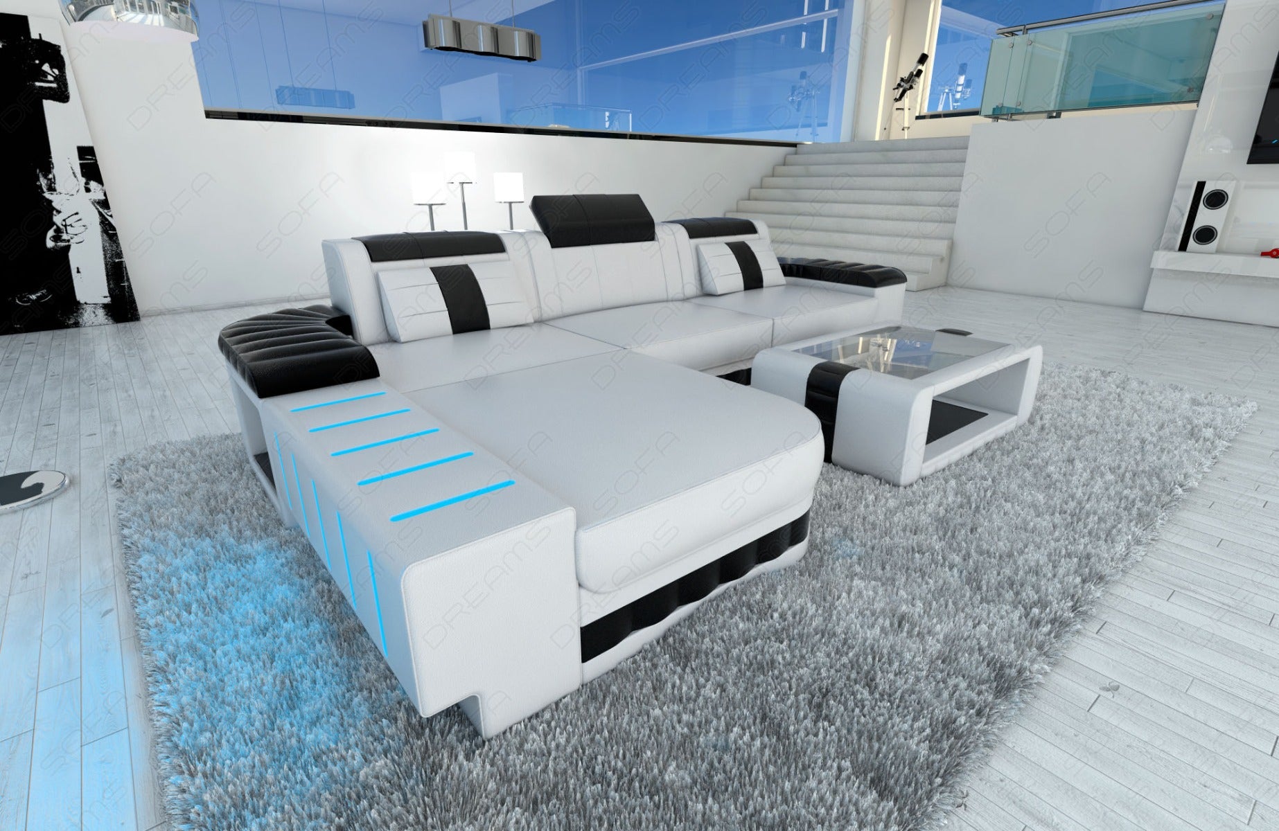 Ledersofa Bellagio L Form in weiss-schwarz