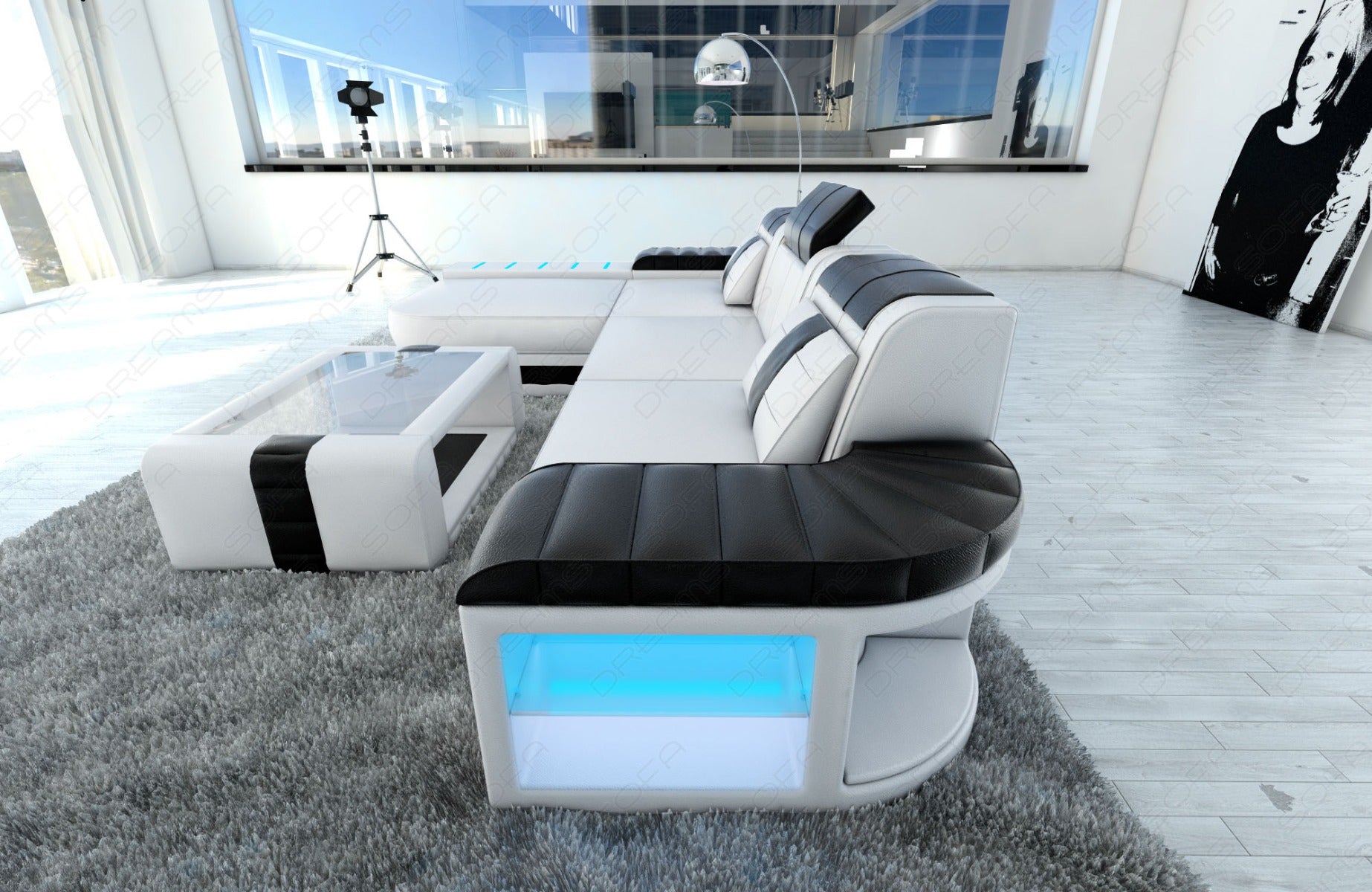 Ledersofa Bellagio L Form in weiss-schwarz