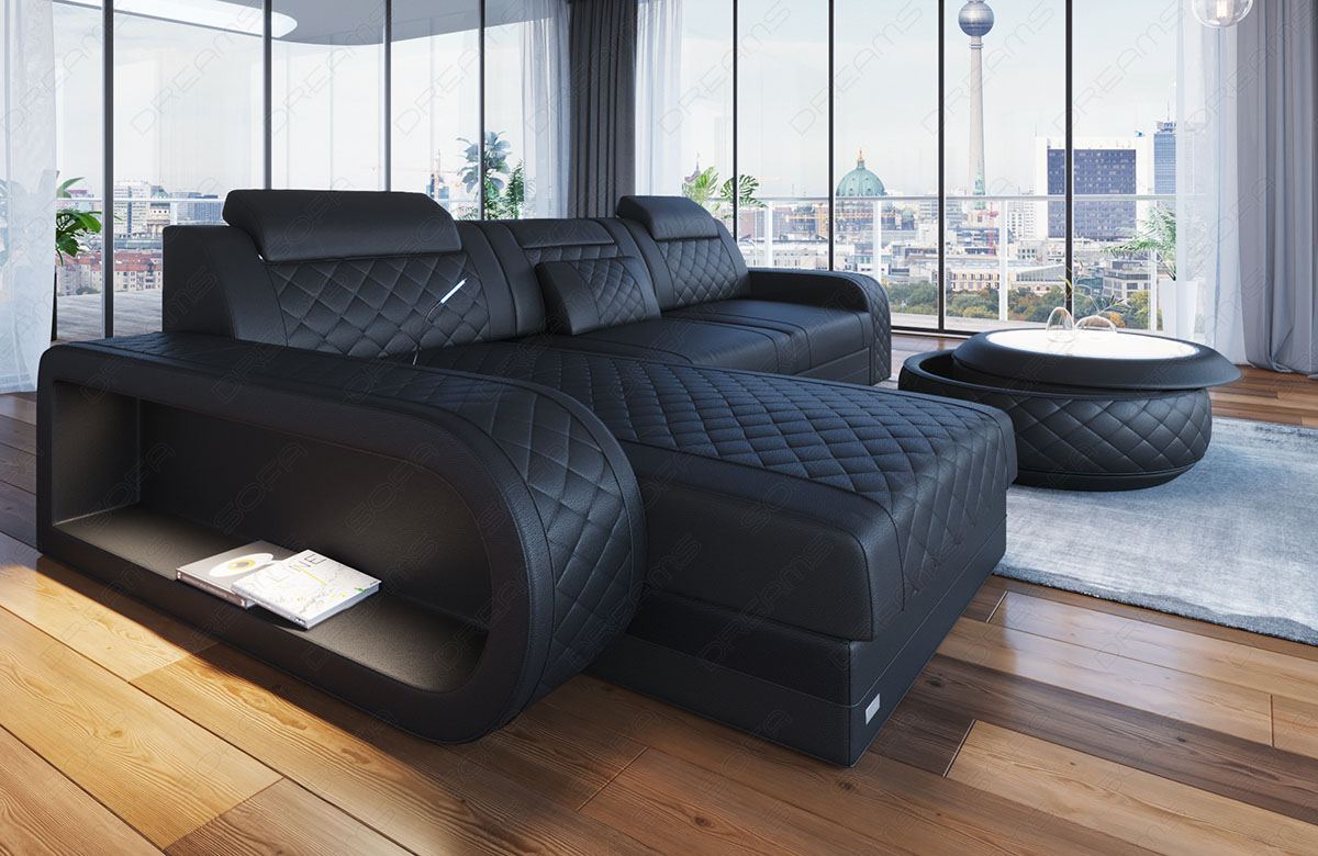 Leder Ecksofa Berlin L Form Mini in schwarz