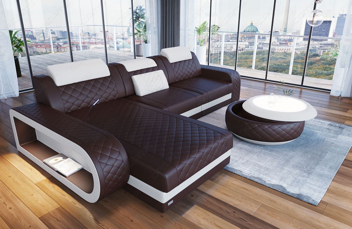 Leder Ecksofa Berlin L Form Mini in dunkelbraun-weiß