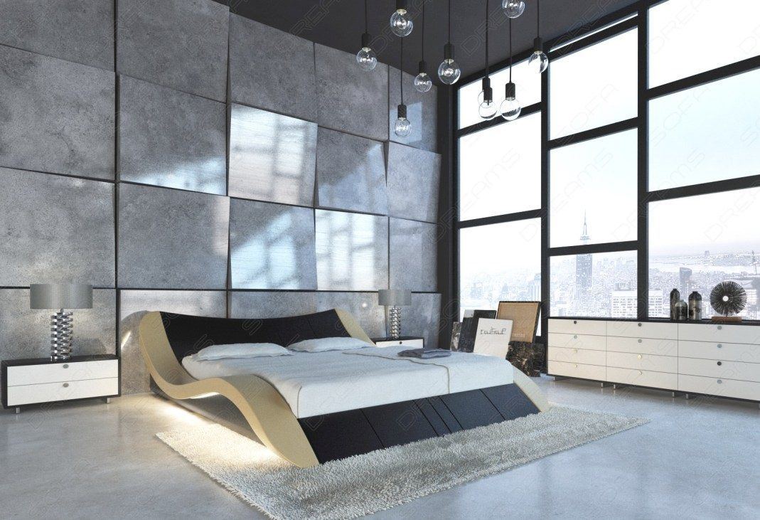 Design Lederbett Frankfurt mit LED Beleuchtung in schwarz Nebenfarbe sandbeige