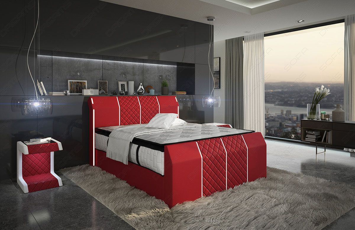 Design Leder Boxspringbett Paris rot-weiß mit LED Beleuchtung