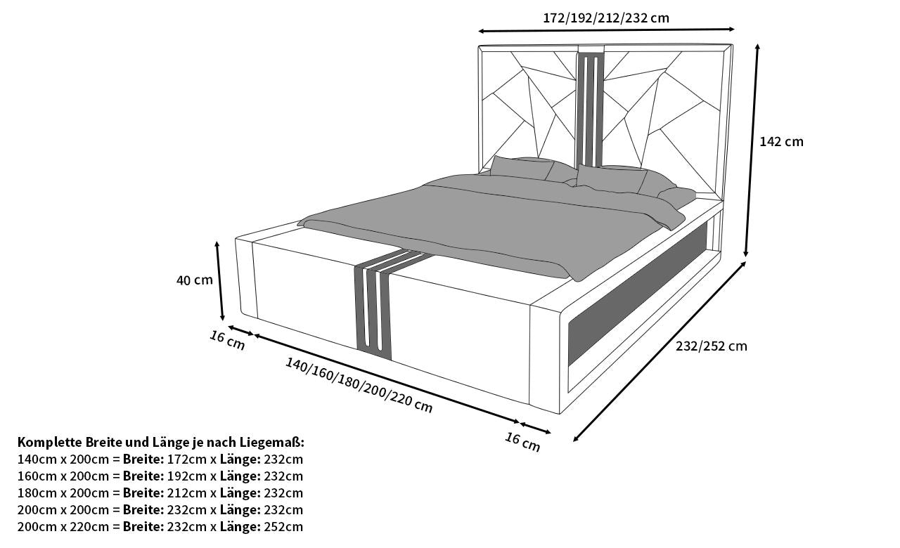 Abmessungen für das Designerbett Imperia