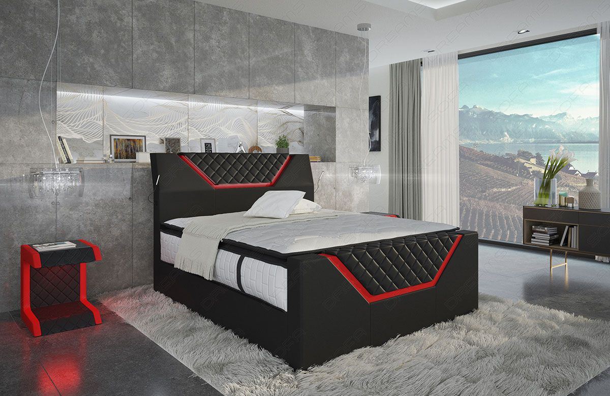 Leder Boxspringbett Nantes in schwarz-rot im Chesterfield Design