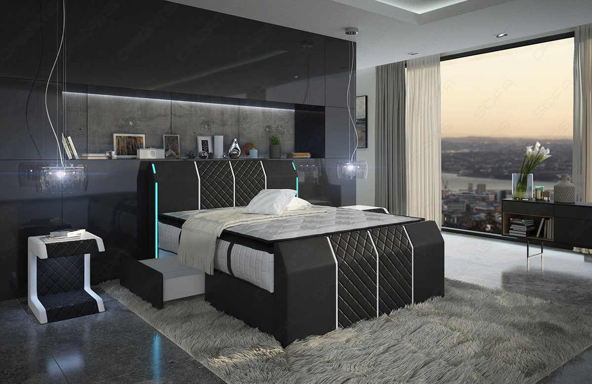 Leder Boxspringbett Paris in schwarz-weiß mit optional erhältlichen Schubladen (2 pro Seite)