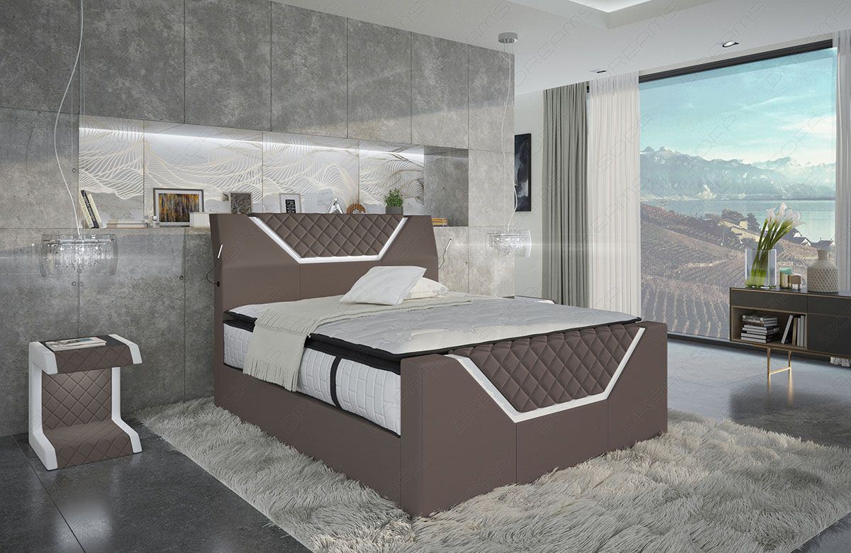 elegantes Boxspringbett Nantes mit LED Beleuchtung in Mineva 21 - taupe