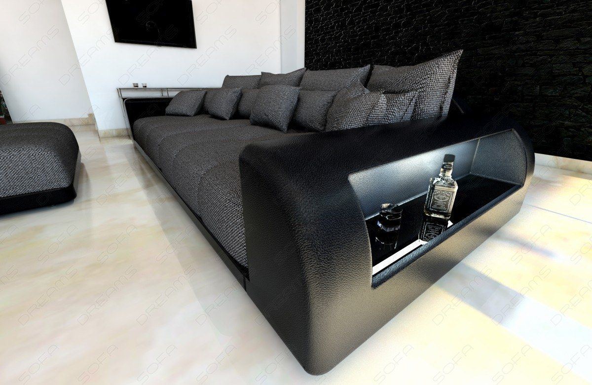 Bigsofa Miami mit Hocker und LED-Beleuchtung in schwarz-grau - Hugo12 - (Hocker und LED Beleuchtung optional erhältlich)
