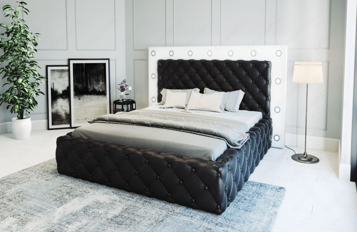 Luxus Leder Boxspringbett Alessandria gesteppt in schwarz-weiß