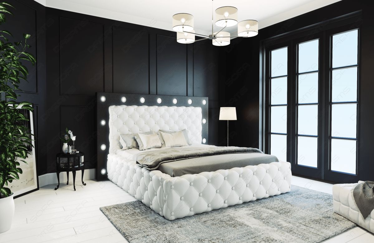 Luxus Leder Boxspringbett Alessandria gesteppt in weiß-schwarz
