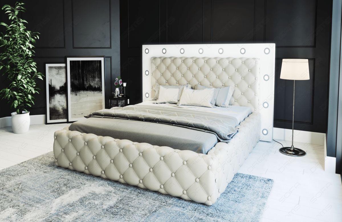 Luxus Leder Boxspringbett Alessandria gesteppt in beige-weiß