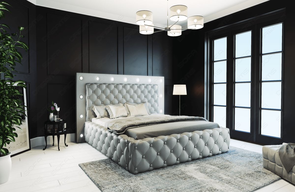 Luxus Leder Boxspringbett Alessandria gesteppt in grau