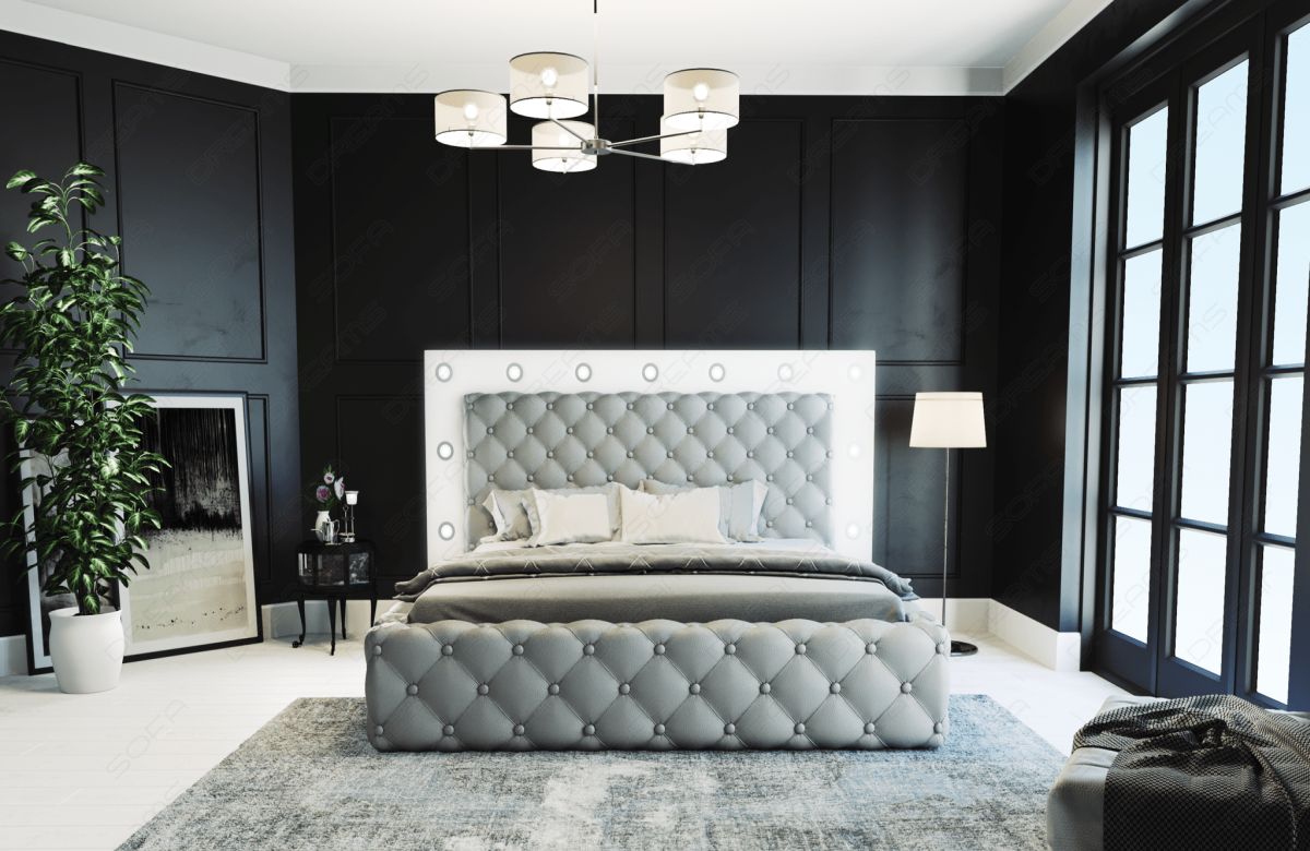 Luxus Leder Boxspringbett Alessandria gesteppt in grau-weiß
