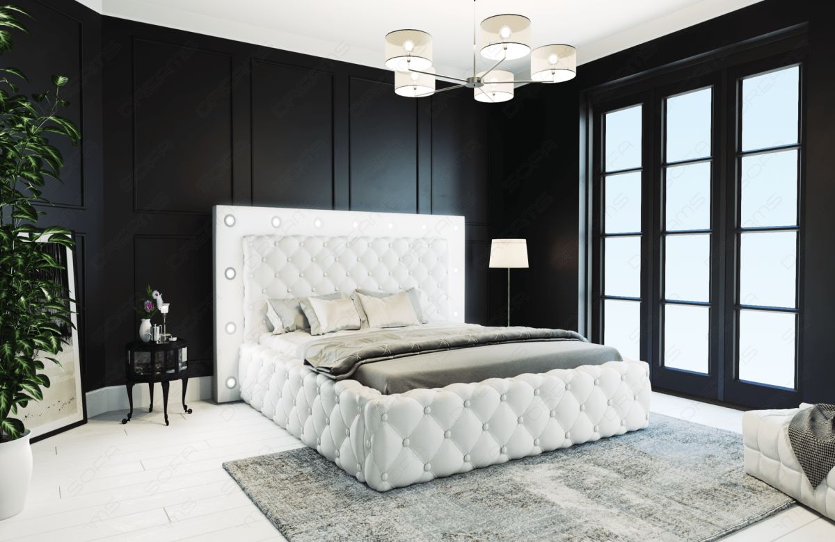 Luxus Leder Boxspringbett Alessandria gesteppt in weiß