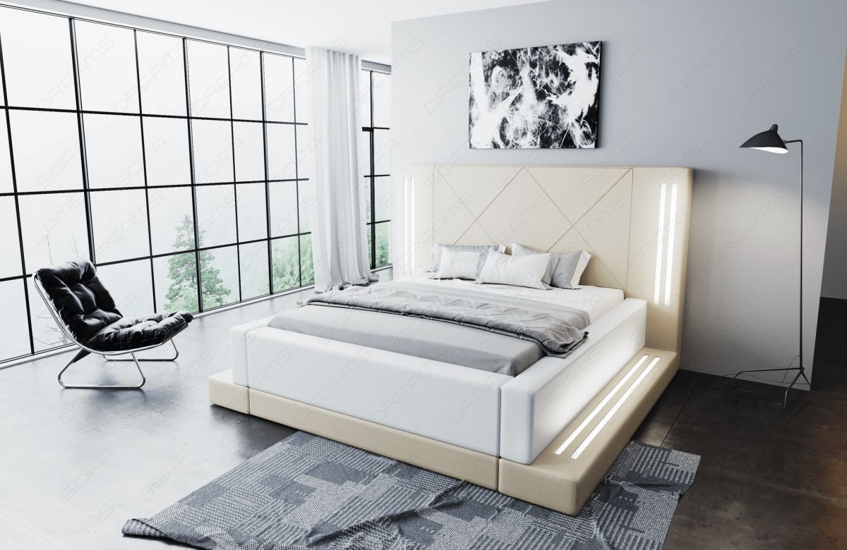 Design Boxspringbett Casoria mit LED Beleuchtung in beige-weiß