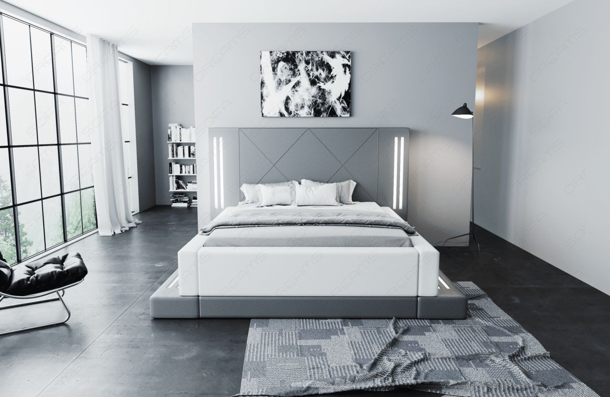 Design Boxspringbett Casoria mit LED Beleuchtung in grau-weiß