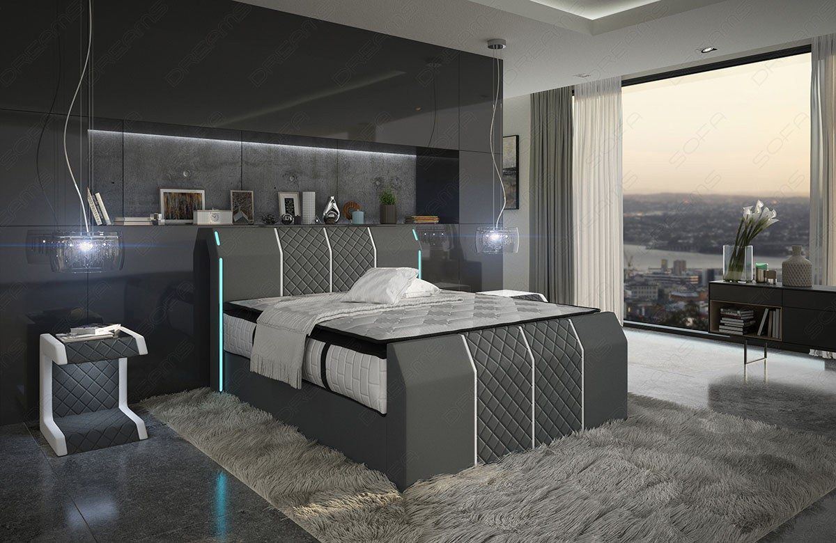 Stoff Boxsprinbett Paris mit LED Beleuchtung in Microfaserstoff Mineva 15 - grau