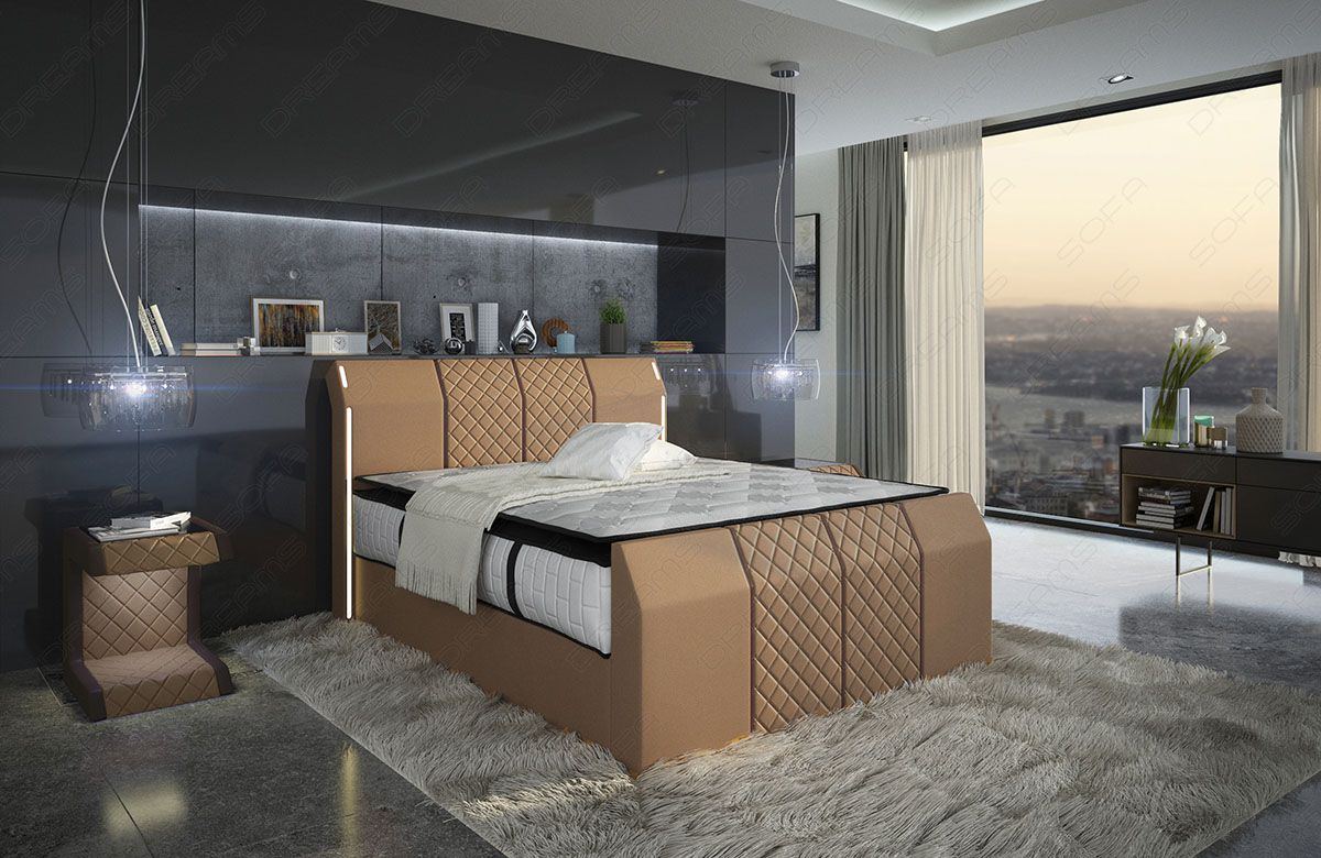 Boxspringbett Paris modern in sandbeige-dunkelbraun mit Chesterfield Muster