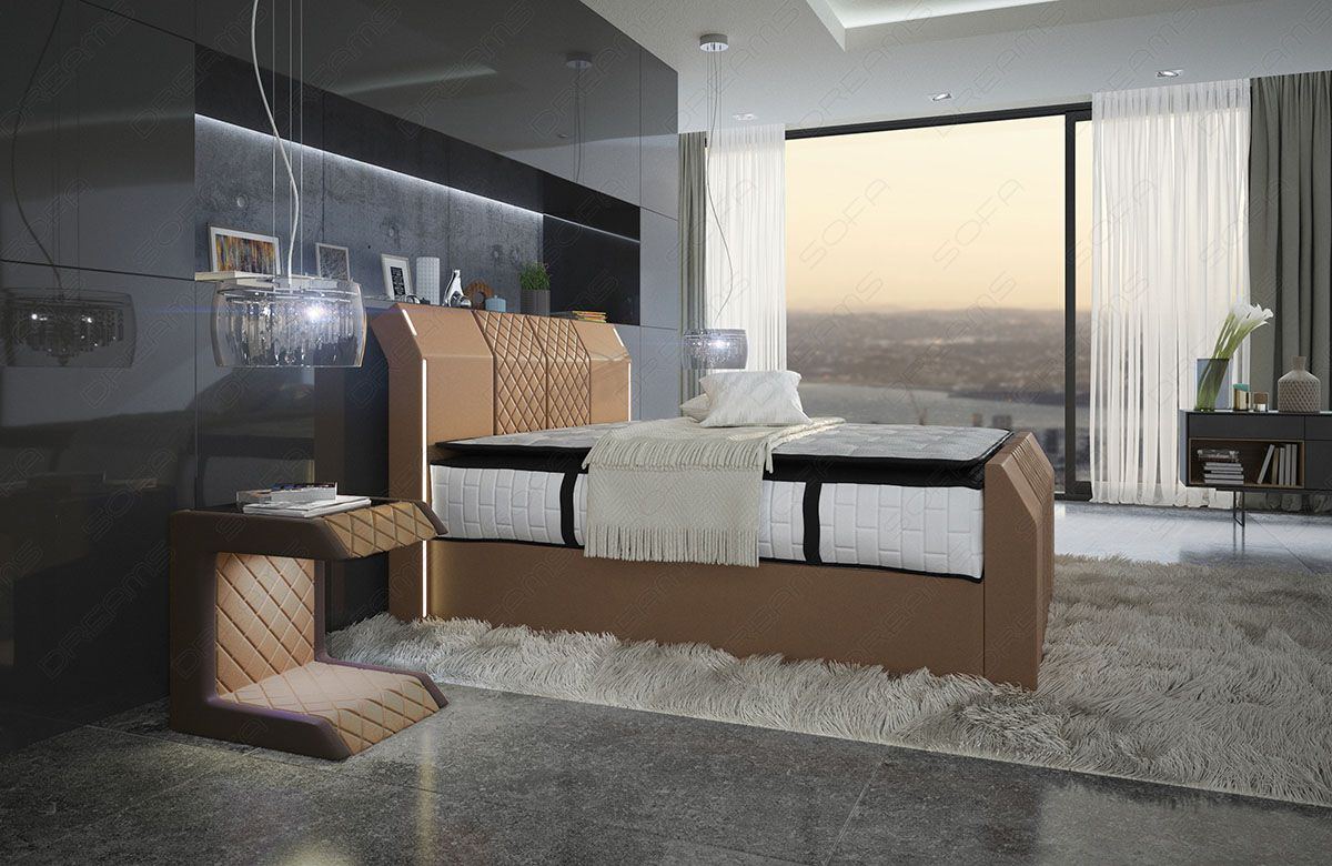 Leder Boxspringbett Paris sandbeige-braun mit LED Beleuchtung