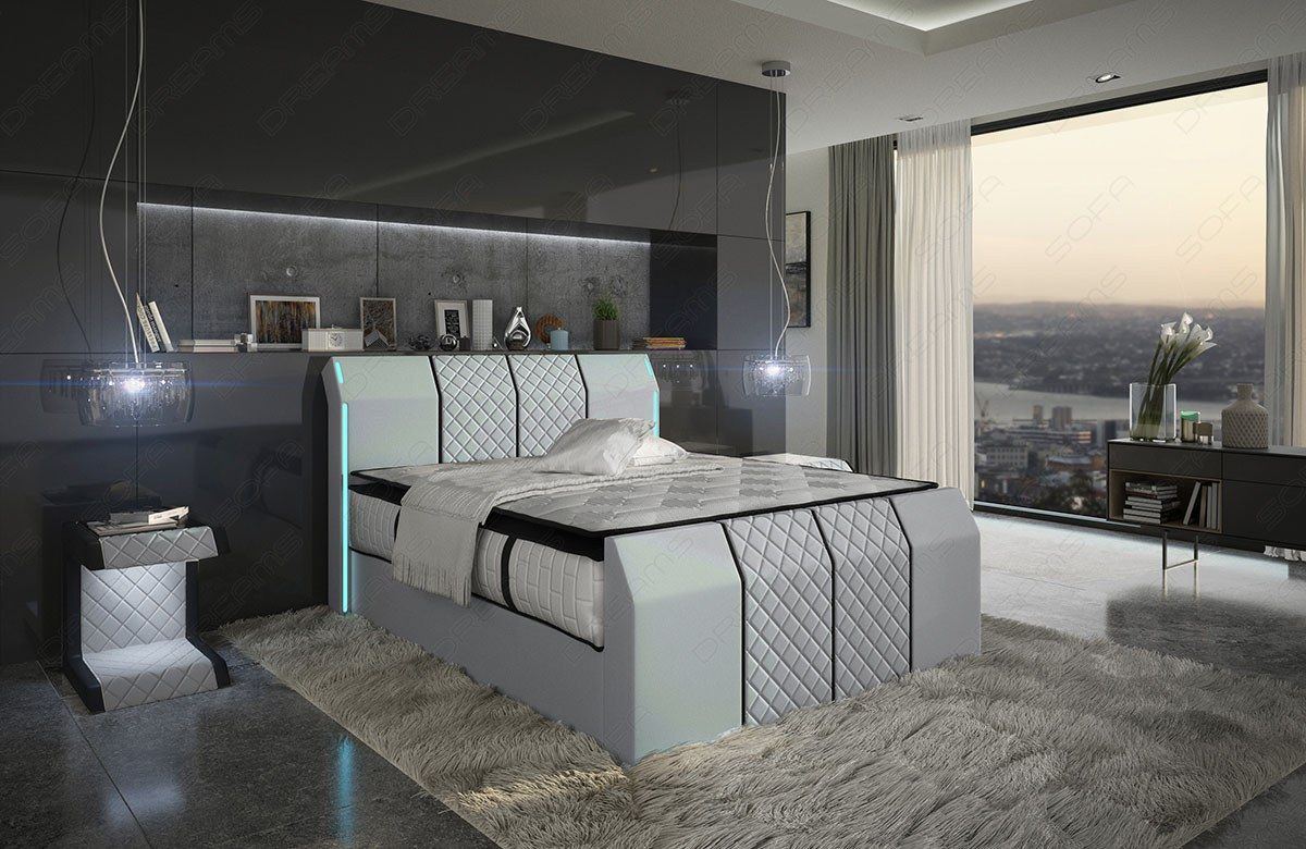 Modernes Boxspringbett mit LED Beleuchtung in Microfaserstoff Mineva 12 - hellgrau