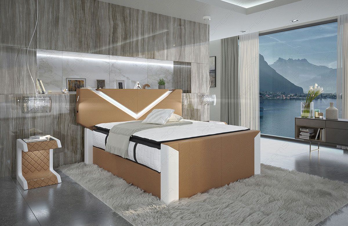 Luxus Boxspringbett Lyon in sandbeige-weiß mit LED Beleuchtung