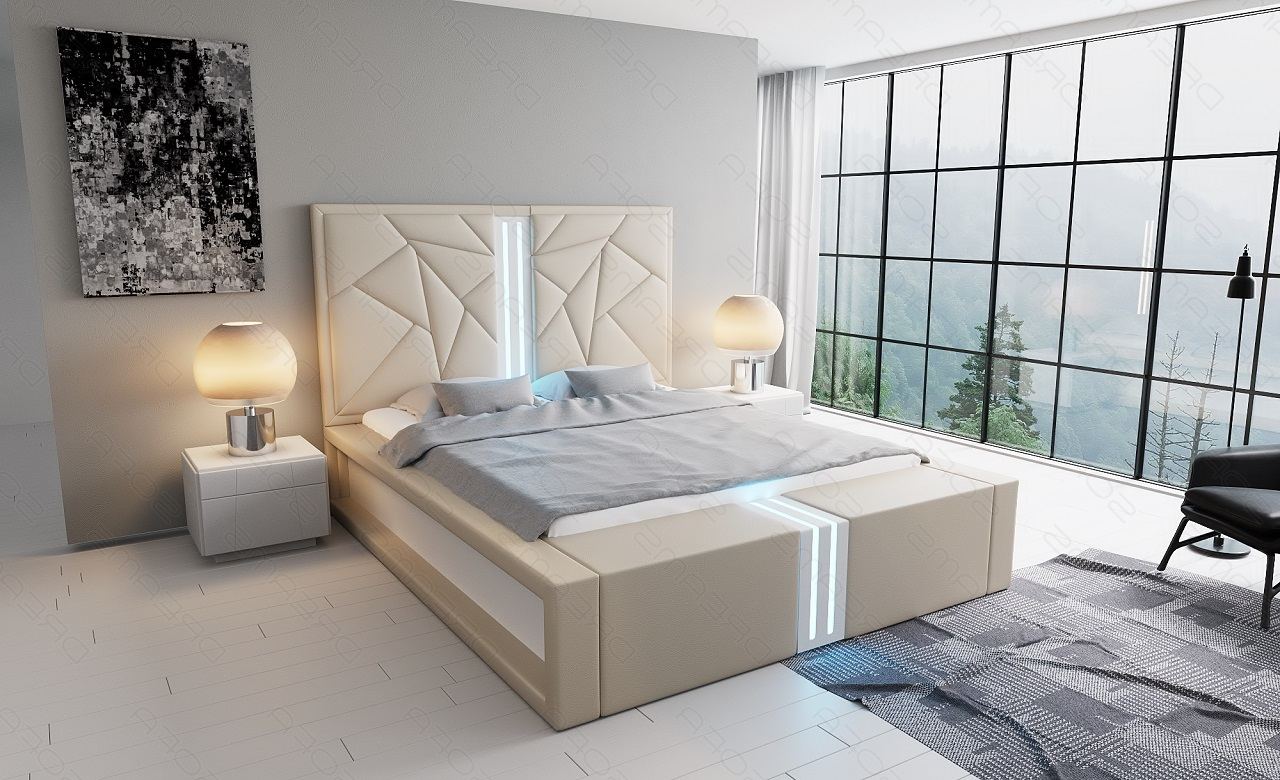 Leder Boxspringbett Imperia in beige mit weißem Seitenkasten