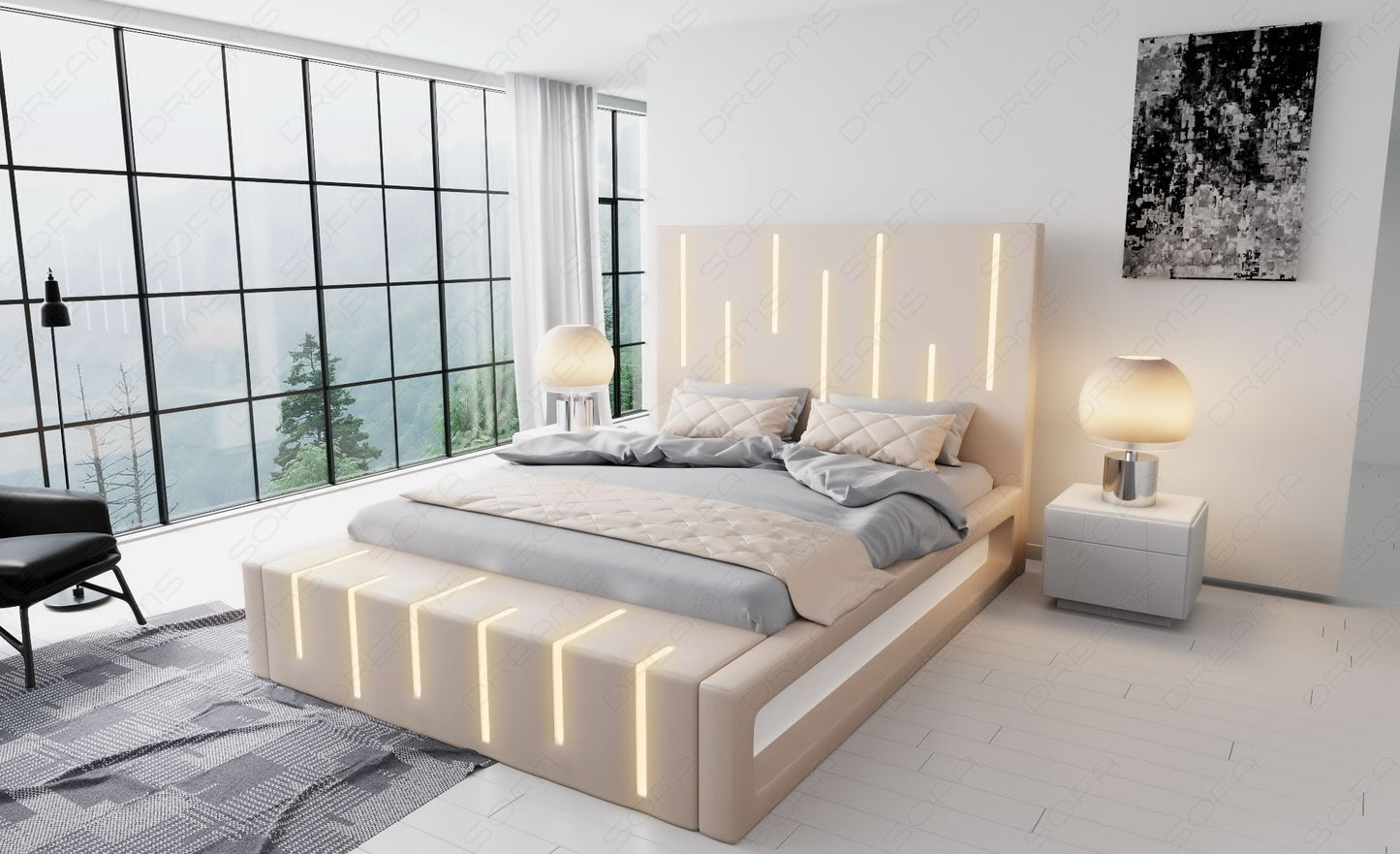 Boxspringbett Milona in beige mit weißem Seitenkasten