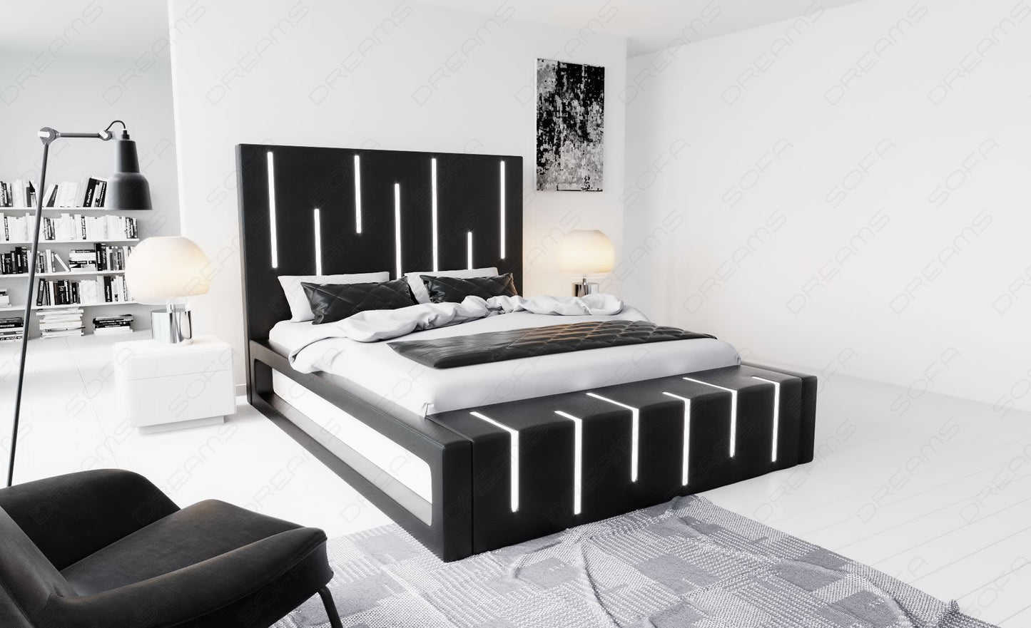 Boxspringbett Milona in schwarz mit weißem Seitenkasten