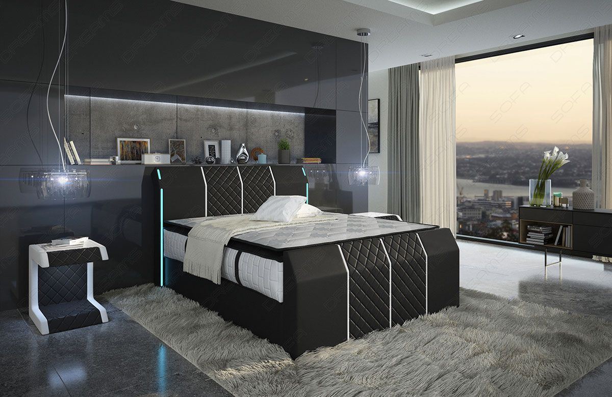 Design Boxspringbett Paris in schwarz-weiß mit LED Beleuchtung