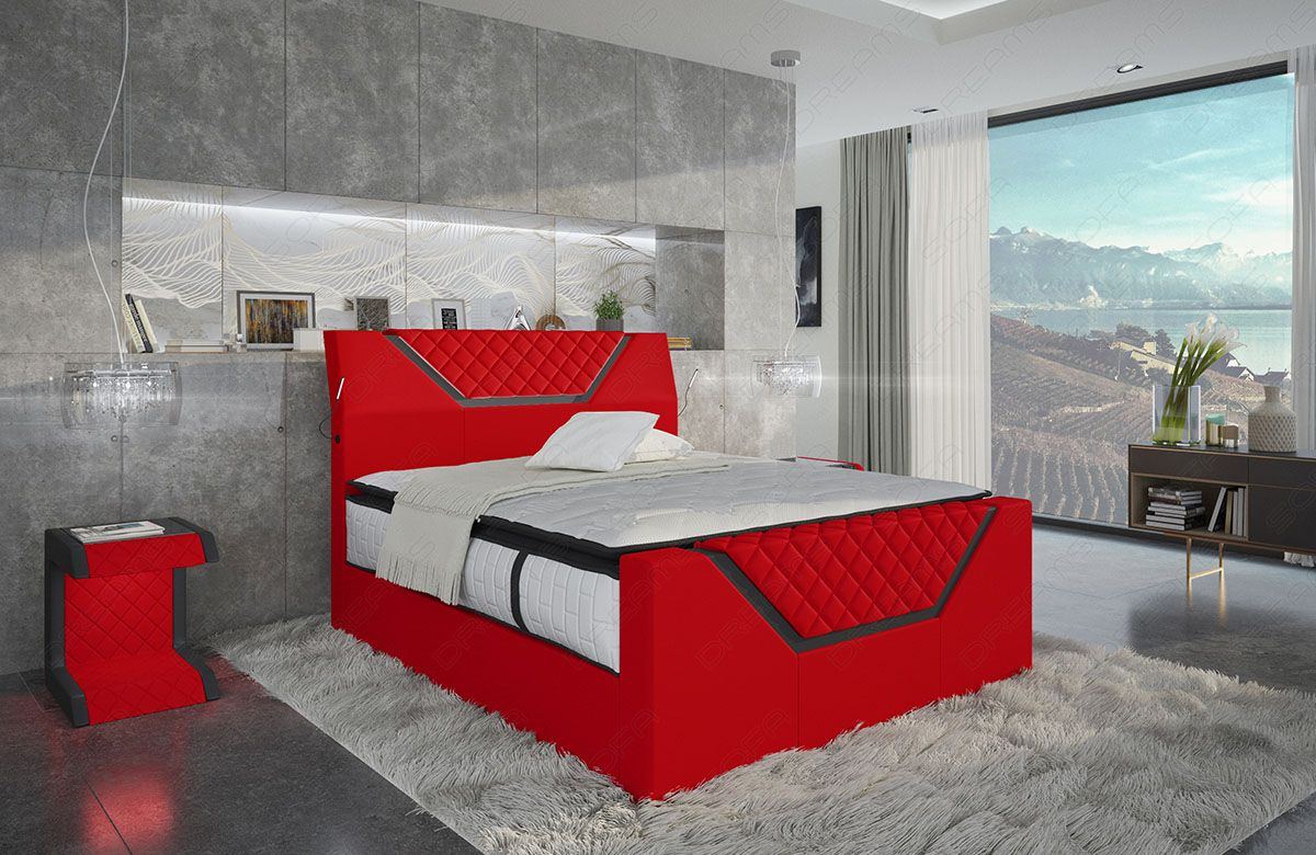 Stoff Boxspring Bett Nantes mit LED Beleuchtung in Mikrofaserstoff Mineva 20 - rot