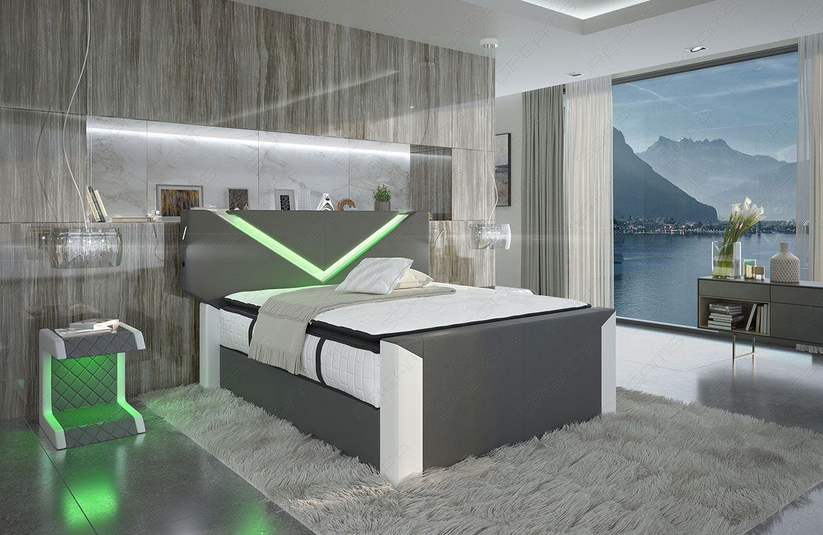 Boxspringbett Lyon in grau-weiß mit LED Beleuchtung