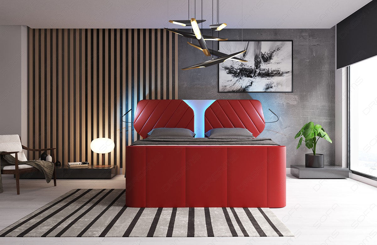 Leder Boxspringbett Nizza modern in rot-weiß