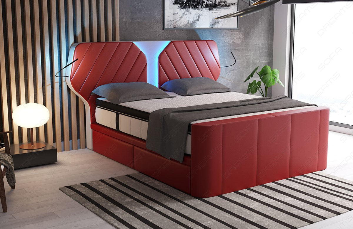 Designer Leder Boxspringbett Nizza in rot-weiß. Liegemaß frei wählbar von 140x200cm bis 200x220cm