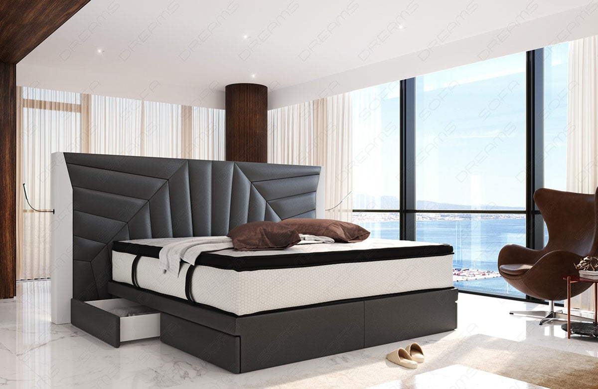 Luxus Leder Boxspringbett Monaco in grau-weiß